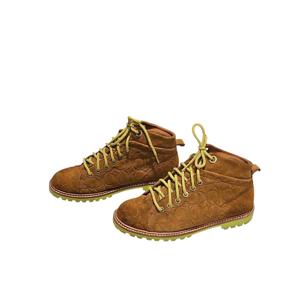 Coach Ester Brown Embossed Suede Boots w/Green Accents
